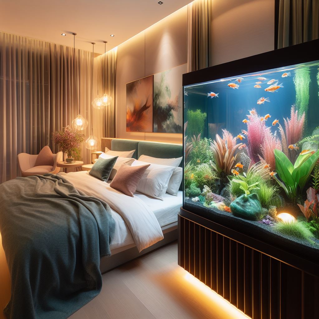 A bedroom with a fish tank.