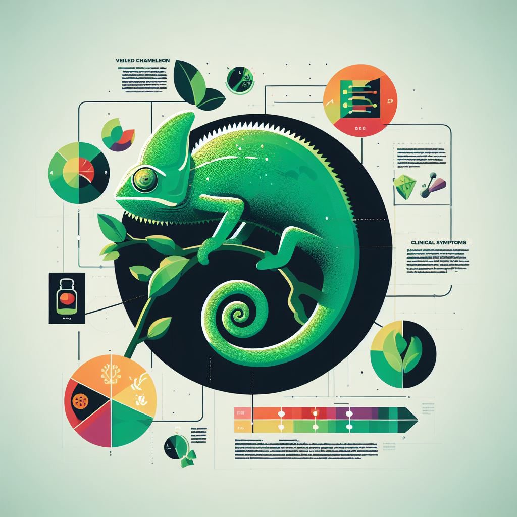 A green veiled chameleon on a branch with infographics.