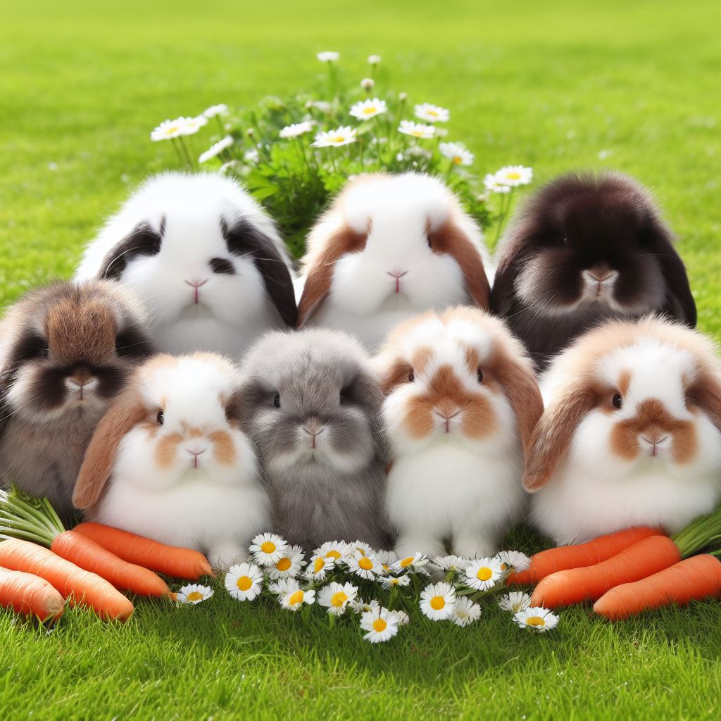 A group of mini lop rabbits surrounded by carrots and flowers.