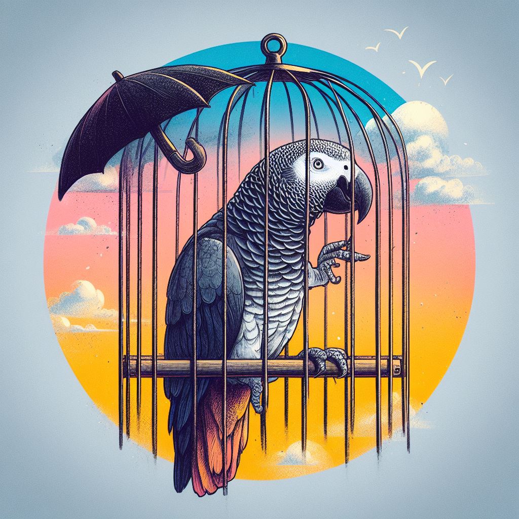 A parrot in a cage with an umbrella.