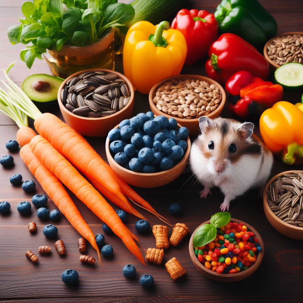 A hamster sits next to bowls of vegetables and fruits.