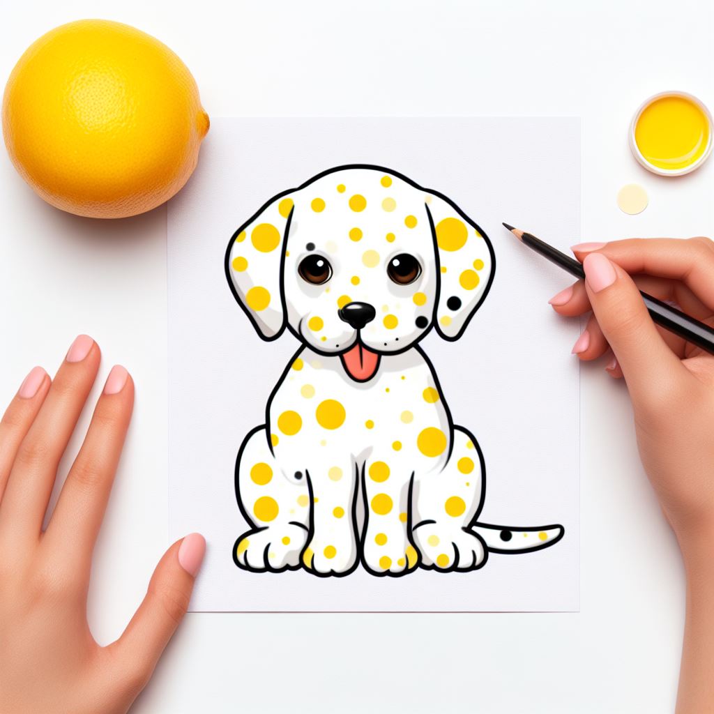 A person drawing a dalmatian puppy with polka dots.