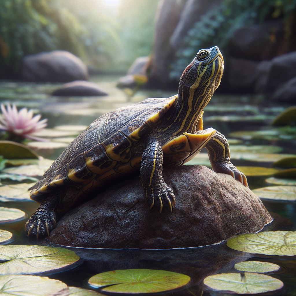 A yellow-bellied slider turtle is sitting on a rock in a pond.