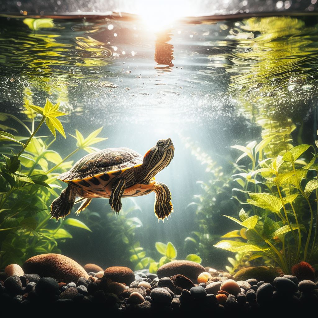 A Yellow-Bellied Slider turtle swimming in an aquarium with plants and rocks as part of its care.