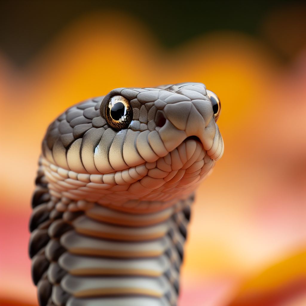 A close up of a black and white hognose snake.