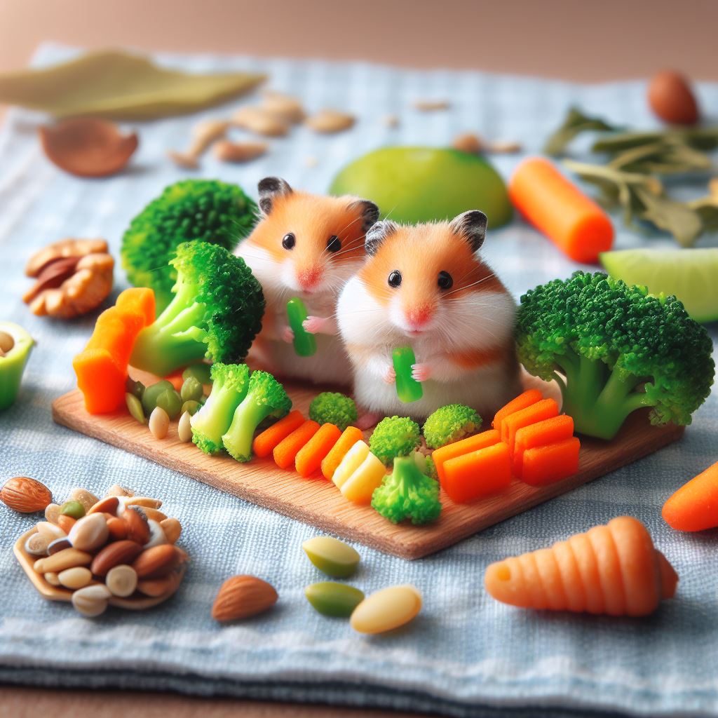 Two hamsters sitting on a cutting board with broccoli and nuts.