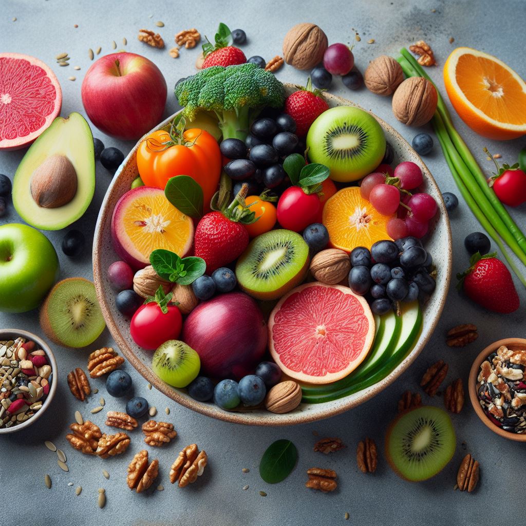 A bowl full of fruits and nuts.