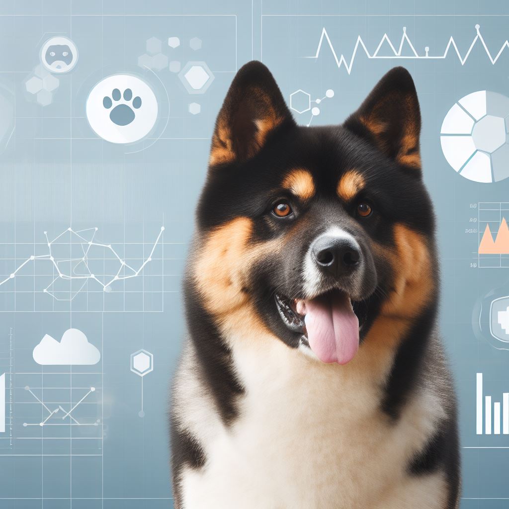 a dog with its tongue out and a chart with graphs and icons