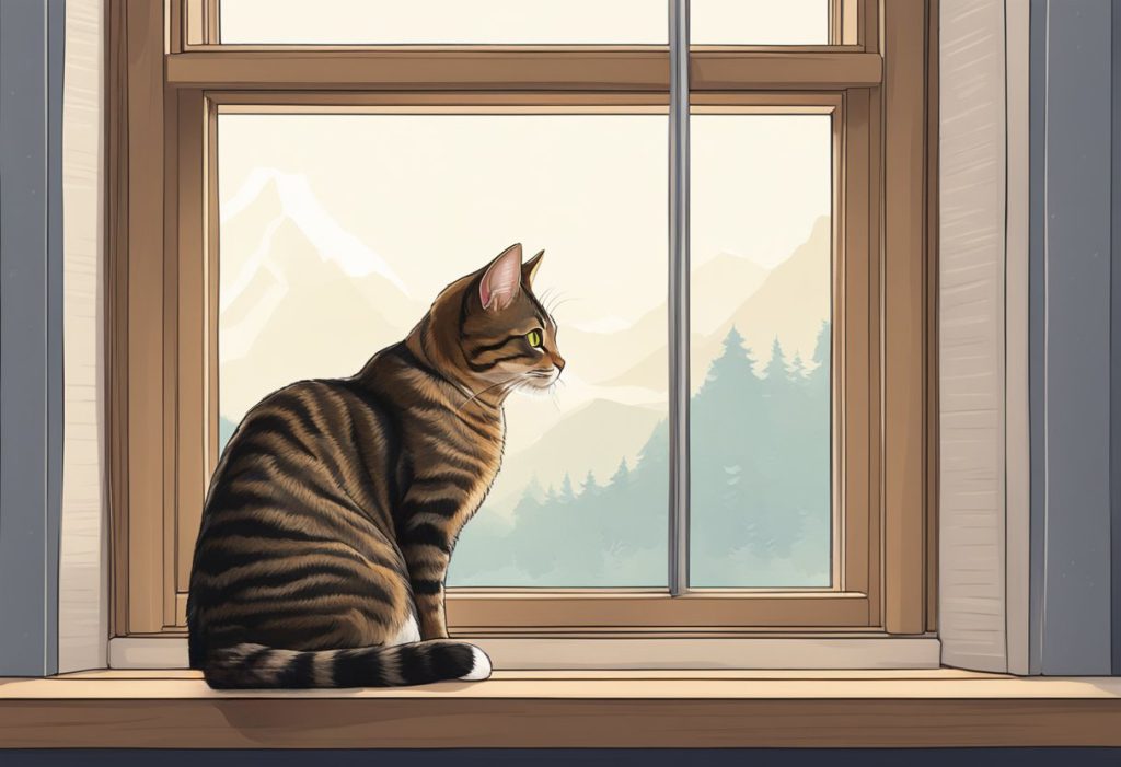 a brown tabby cat standing in front of window