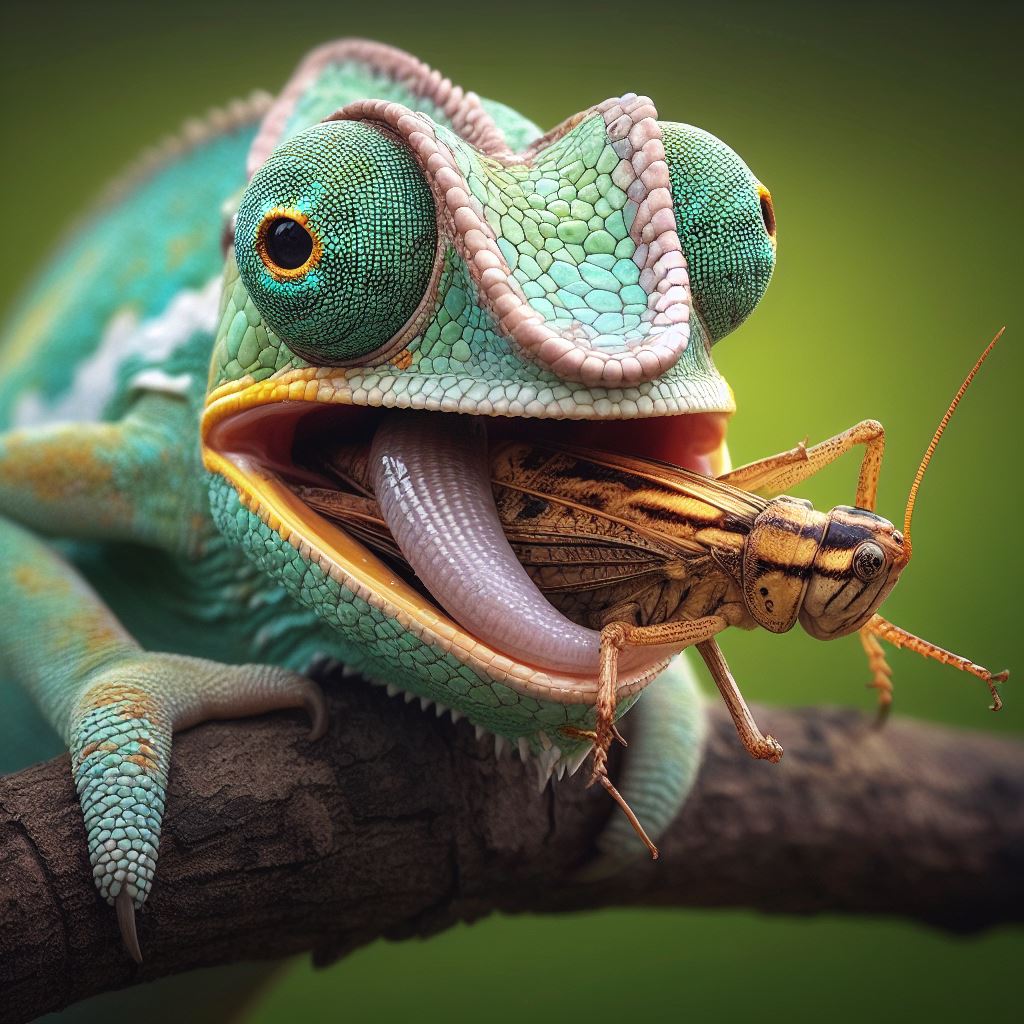 A veiled chameleon exhibiting characteristic behavior while eating prey with its mouth open.