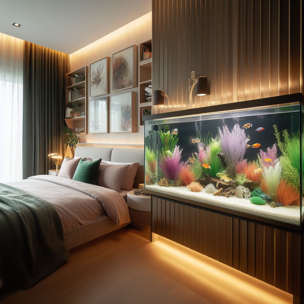 A bedroom with a fish tank in the middle, creating a peaceful atmosphere.