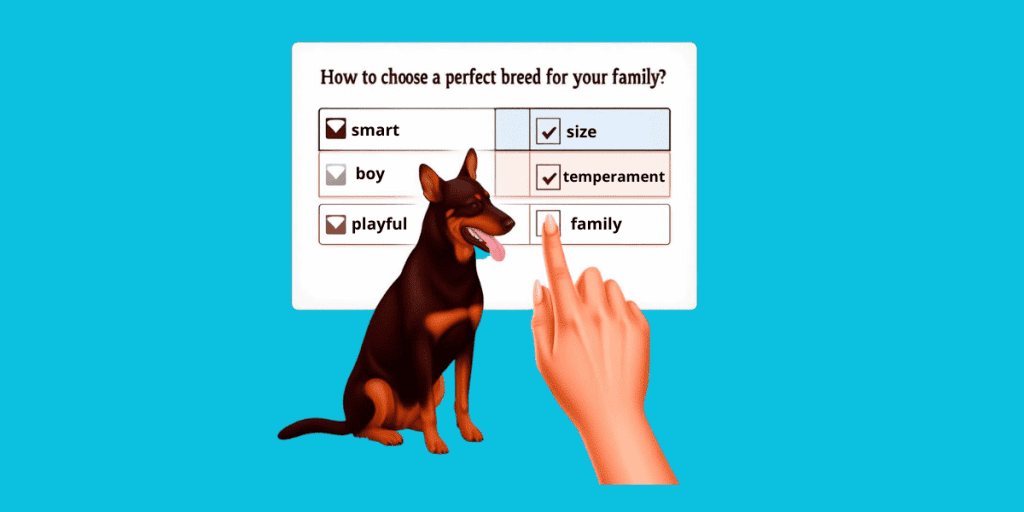 A family-friendly dog with a hand pointing to a form on a blue background.