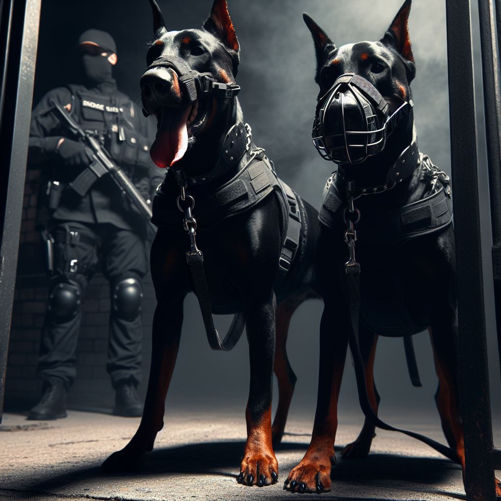 two dogs wearing masks and standing in front of a door