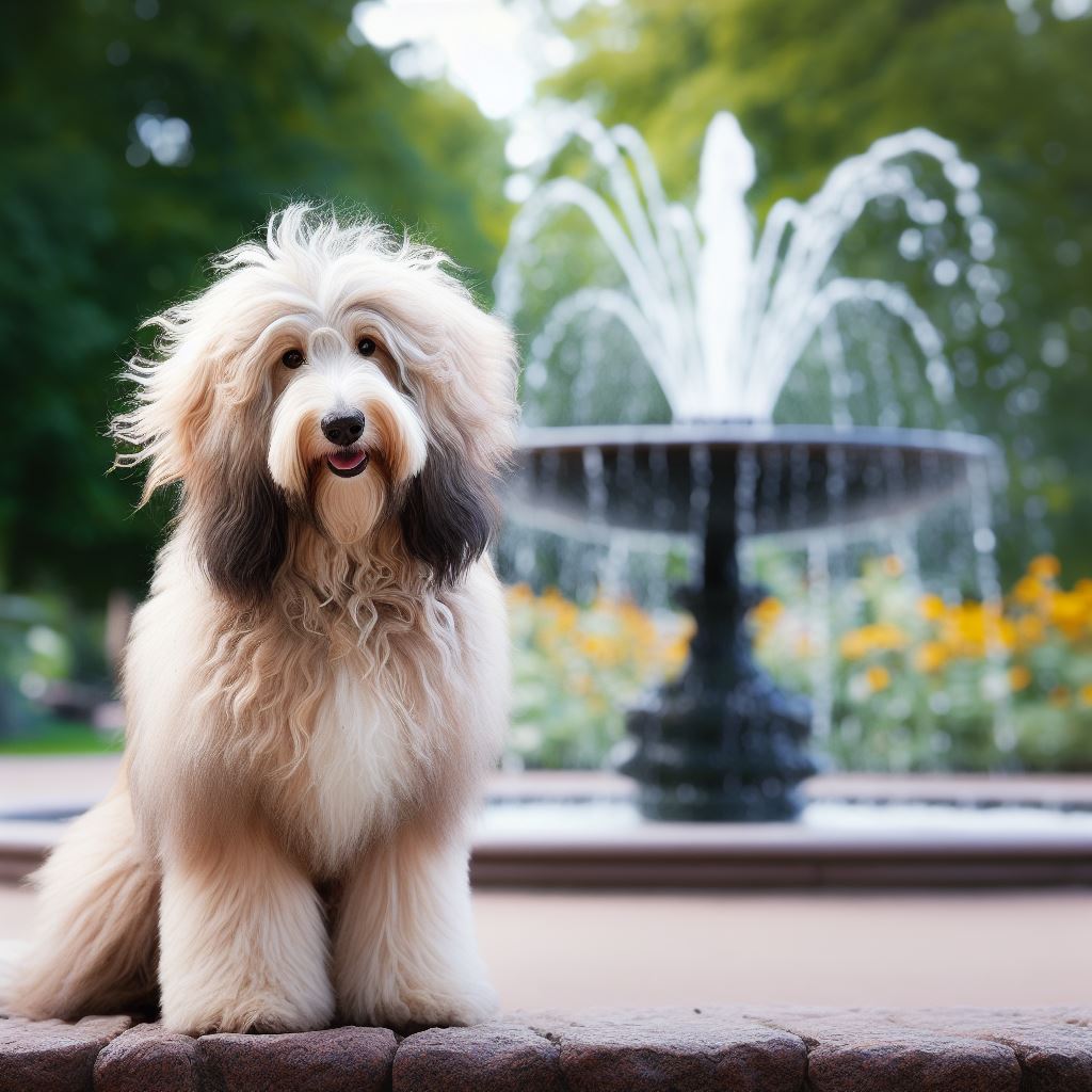 a dog sitting on a brick wall near a fountain