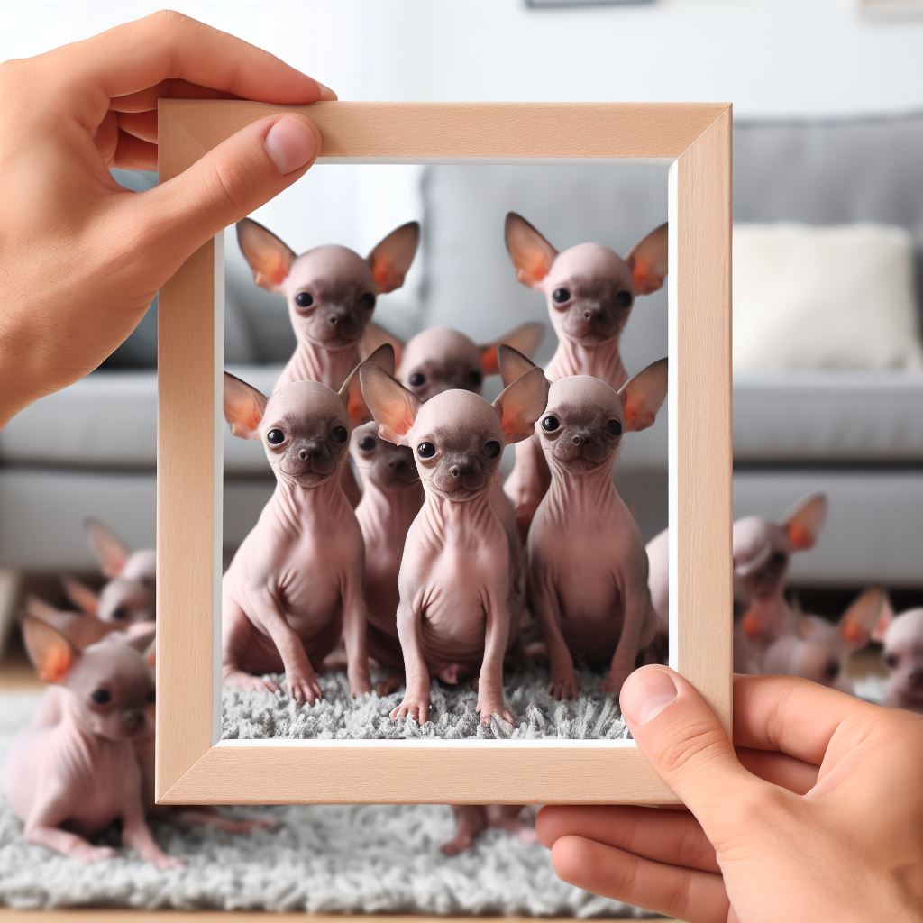 a person holding a framed picture of a group of sphyte dogs