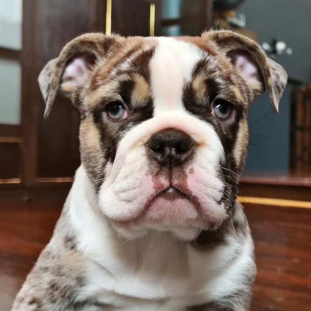 a bulldog puppy sitting on the floor looking at the camera