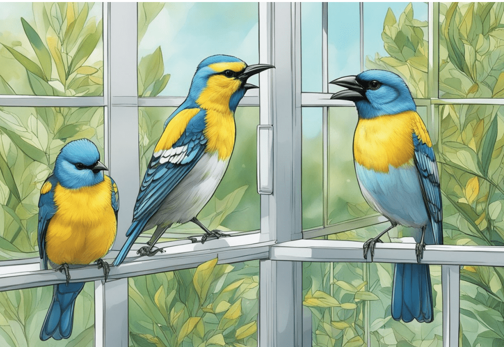 three blue and yellow birds sitting on a window sill