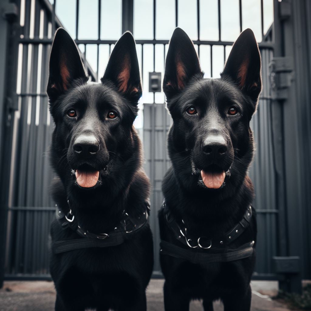 two black dogs are standing in front of a gate