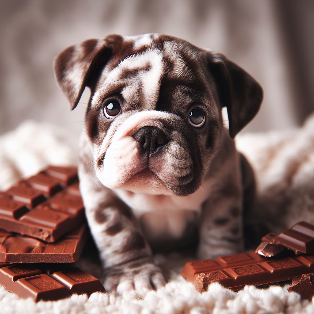 a small brown and white bulldog puppy sitting on top of a pile of chocolate